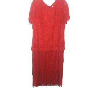 Vintage Serbin Red Lace Fringe Hem Midi Dress